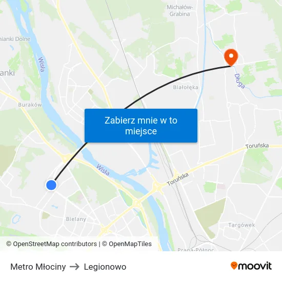 Metro Młociny to Legionowo map