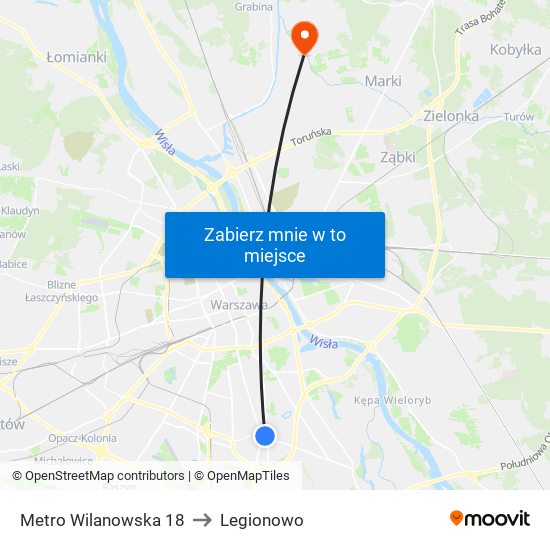 Metro Wilanowska 18 to Legionowo map