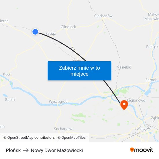 Płońsk to Nowy Dwór Mazowiecki map