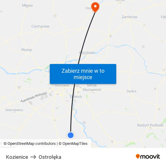 Kozienice to Ostrołęka map