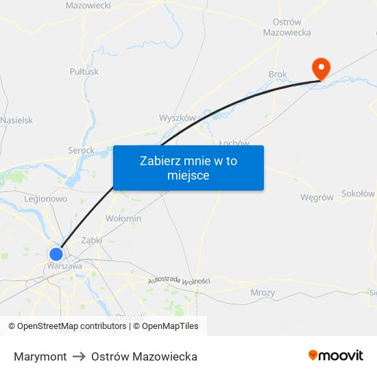 Marymont to Ostrów Mazowiecka map