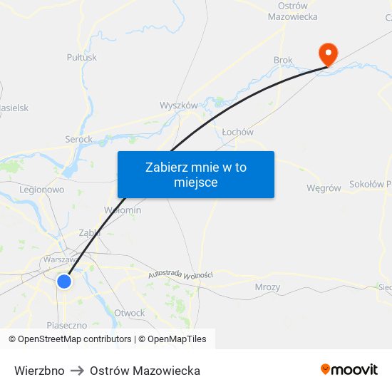 Wierzbno to Ostrów Mazowiecka map