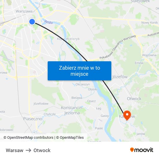 Warsaw to Otwock map