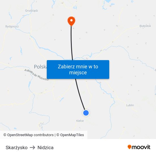 Skarżysko to Nidzica map