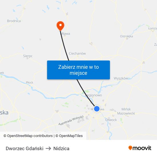 Dworzec Gdański to Nidzica map