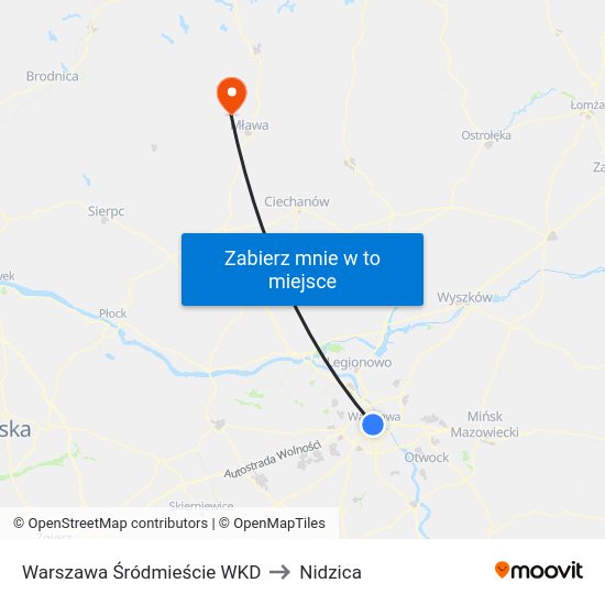 Warszawa Śródmieście WKD to Nidzica map