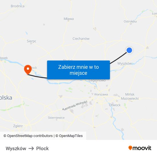 Wyszków to Płock map