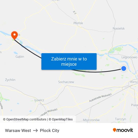 Warsaw West to Płock City map