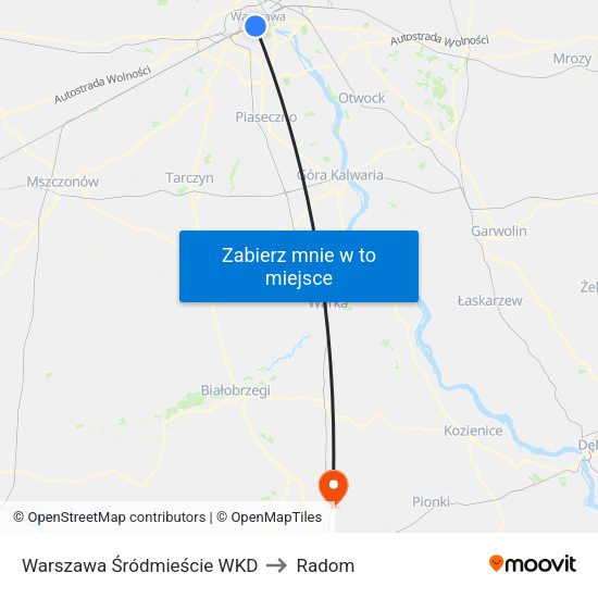 Warszawa Śródmieście WKD to Radom map