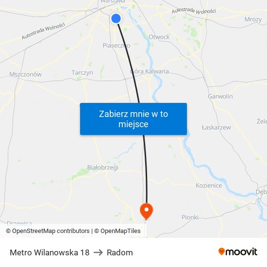 Metro Wilanowska 18 to Radom map