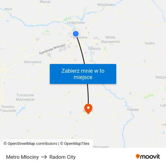 Metro Młociny to Radom City map