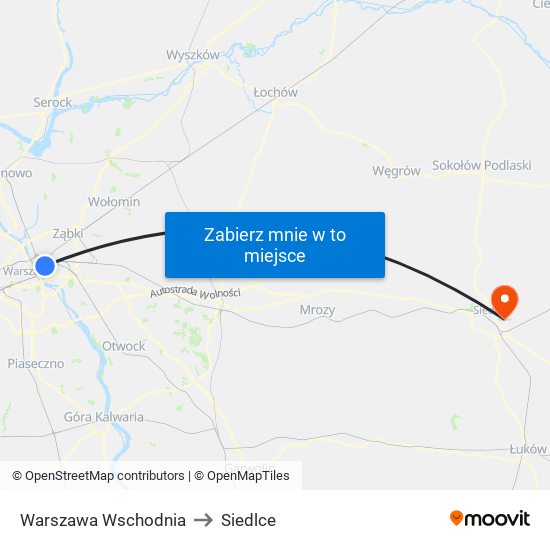 Warszawa Wschodnia to Siedlce map