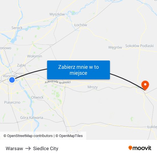 Warsaw to Siedlce City map