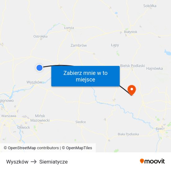 Wyszków to Siemiatycze map