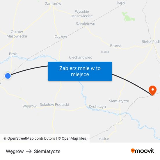 Węgrów to Siemiatycze map