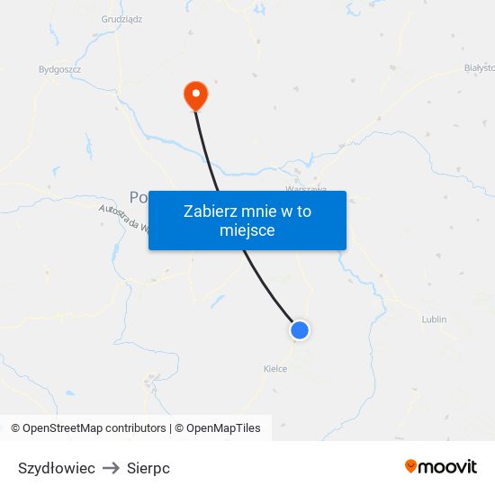 Szydłowiec to Sierpc map