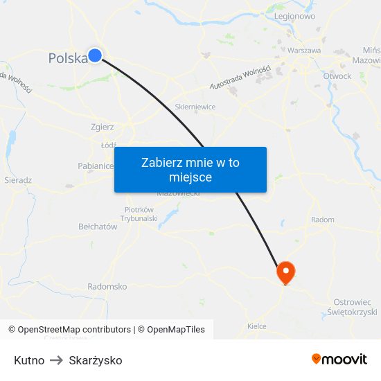 Kutno to Skarżysko map