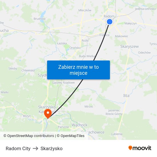 Radom City to Skarżysko map