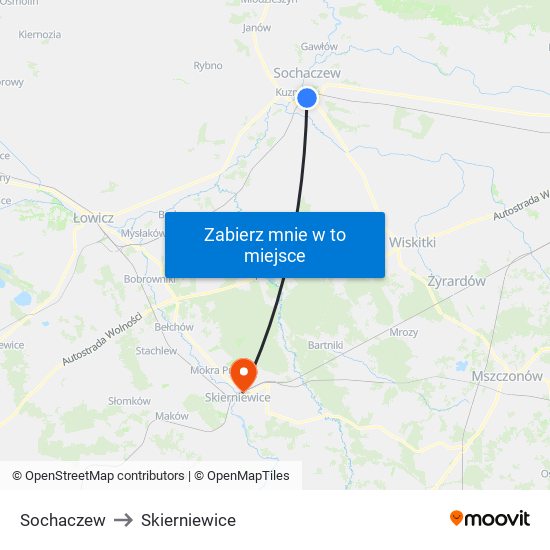 Sochaczew to Skierniewice map