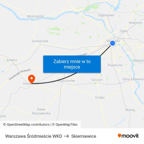 Warszawa Śródmieście WKD to Skierniewice map