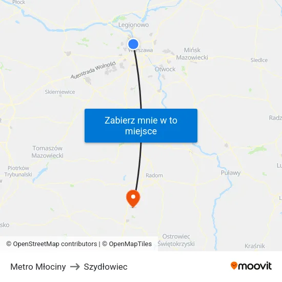 Metro Młociny to Szydłowiec map