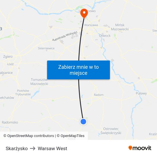 Skarżysko to Warsaw West map