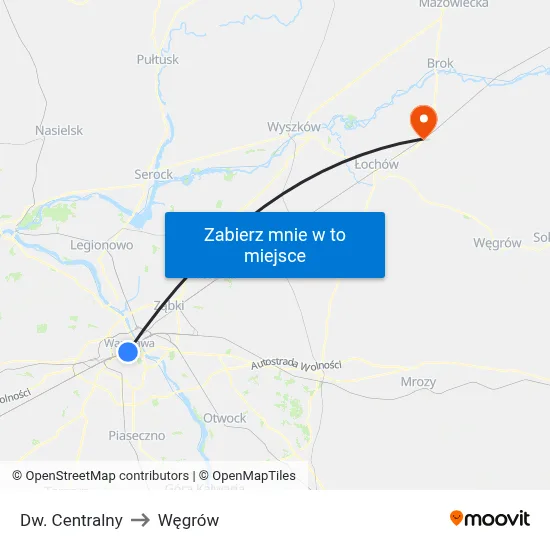 Dw. Centralny to Węgrów map