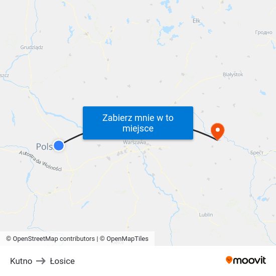 Kutno to Łosice map