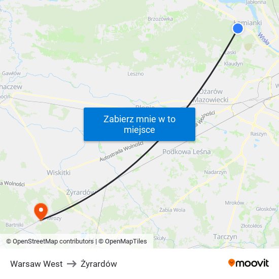 Warsaw West to Żyrardów map