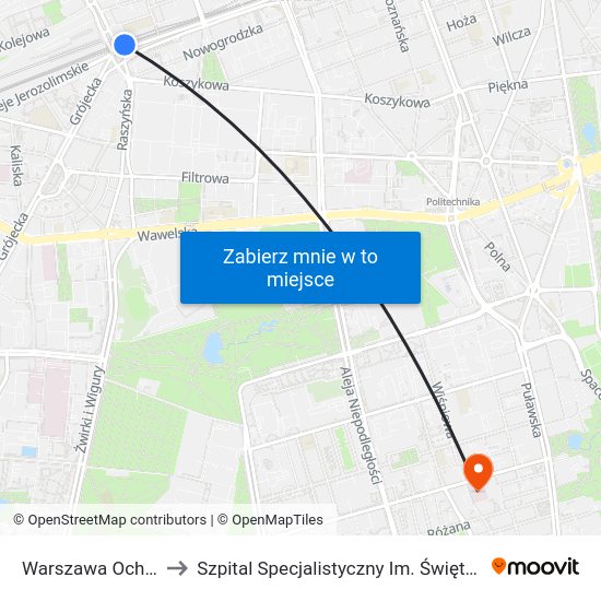 Warszawa Ochota WKD to Szpital Specjalistyczny Im. Świętej Rodziny Spzoz map