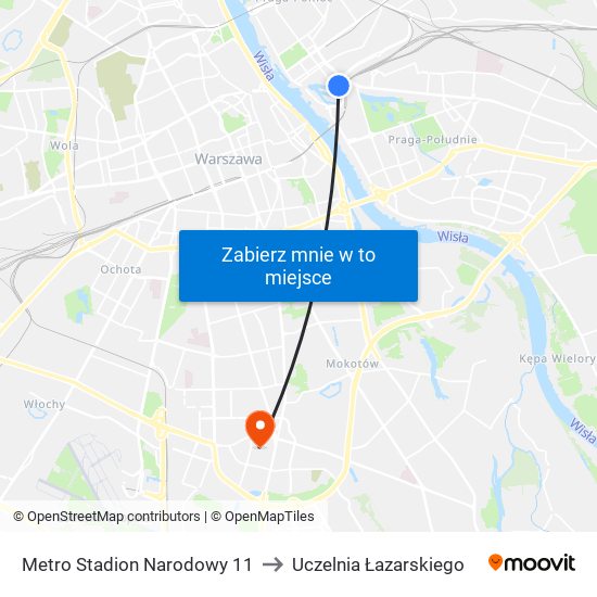 Metro Stadion Narodowy 11 to Uczelnia Łazarskiego map