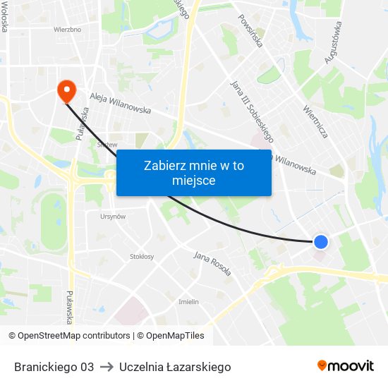 Branickiego 03 to Uczelnia Łazarskiego map