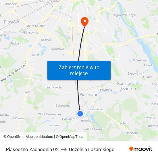 Piaseczno Zachodnia 02 to Uczelnia Łazarskiego map