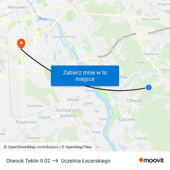 Otwock Teklin II to Uczelnia Łazarskiego map