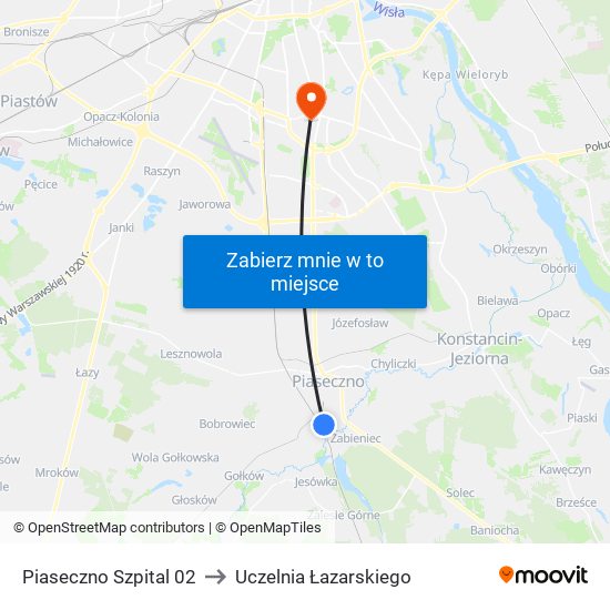 Piaseczno Szpital 02 to Uczelnia Łazarskiego map