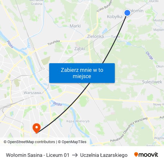 Wołomin Sasina - Liceum 01 to Uczelnia Łazarskiego map