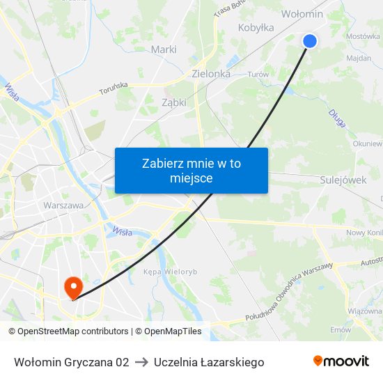 Wołomin Gryczana to Uczelnia Łazarskiego map