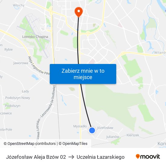 Józefosław Aleja Bzów to Uczelnia Łazarskiego map