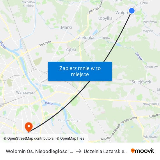 Wołomin Os. Niepodległości 03 to Uczelnia Łazarskiego map