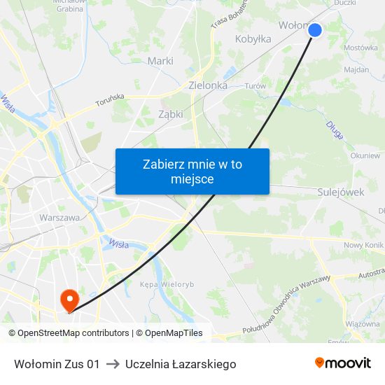 Wołomin Zus 01 to Uczelnia Łazarskiego map