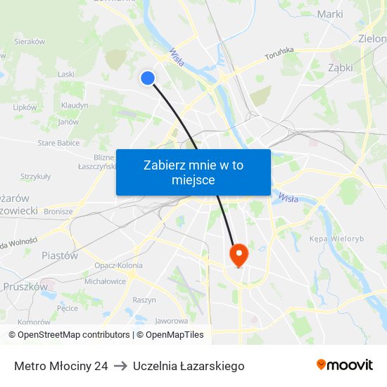 Metro Młociny 24 to Uczelnia Łazarskiego map