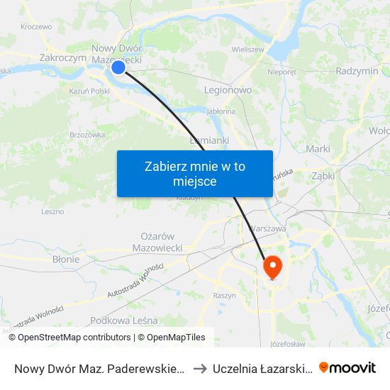 Nowy Dwór Maz. Paderewskiego 01 to Uczelnia Łazarskiego map