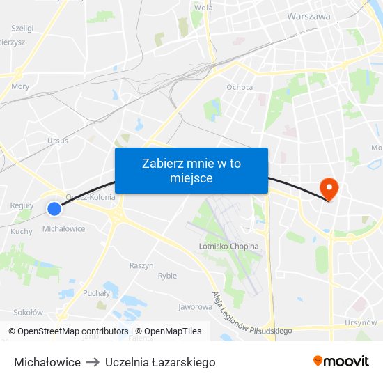 Michałowice to Uczelnia Łazarskiego map