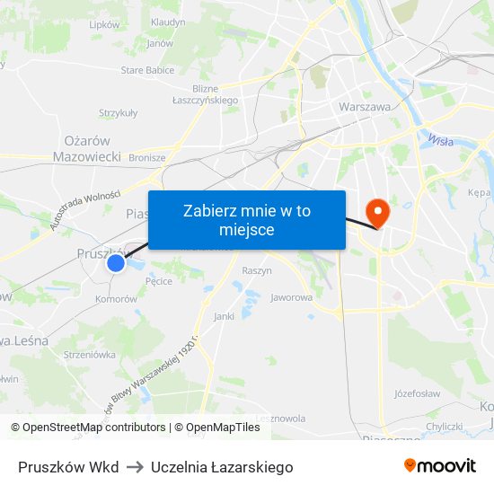 Pruszków WKD to Uczelnia Łazarskiego map