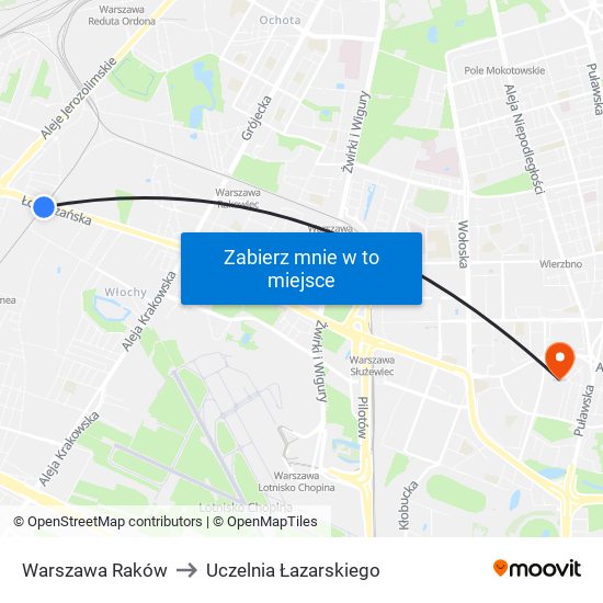 Warszawa Raków to Uczelnia Łazarskiego map
