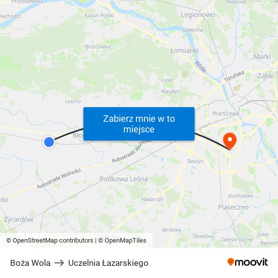 Boża Wola to Uczelnia Łazarskiego map