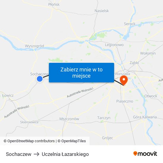 Sochaczew to Uczelnia Łazarskiego map