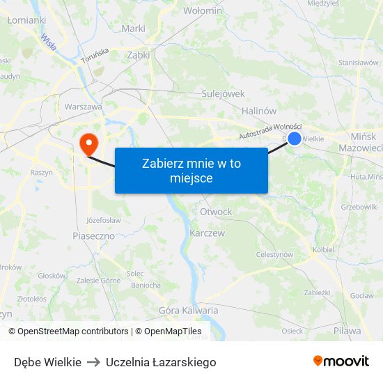 Dębe Wielkie to Uczelnia Łazarskiego map