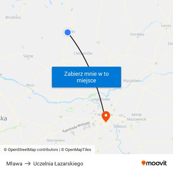 Mława to Uczelnia Łazarskiego map