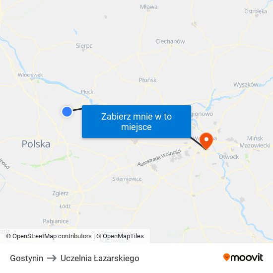 Gostynin to Uczelnia Łazarskiego map